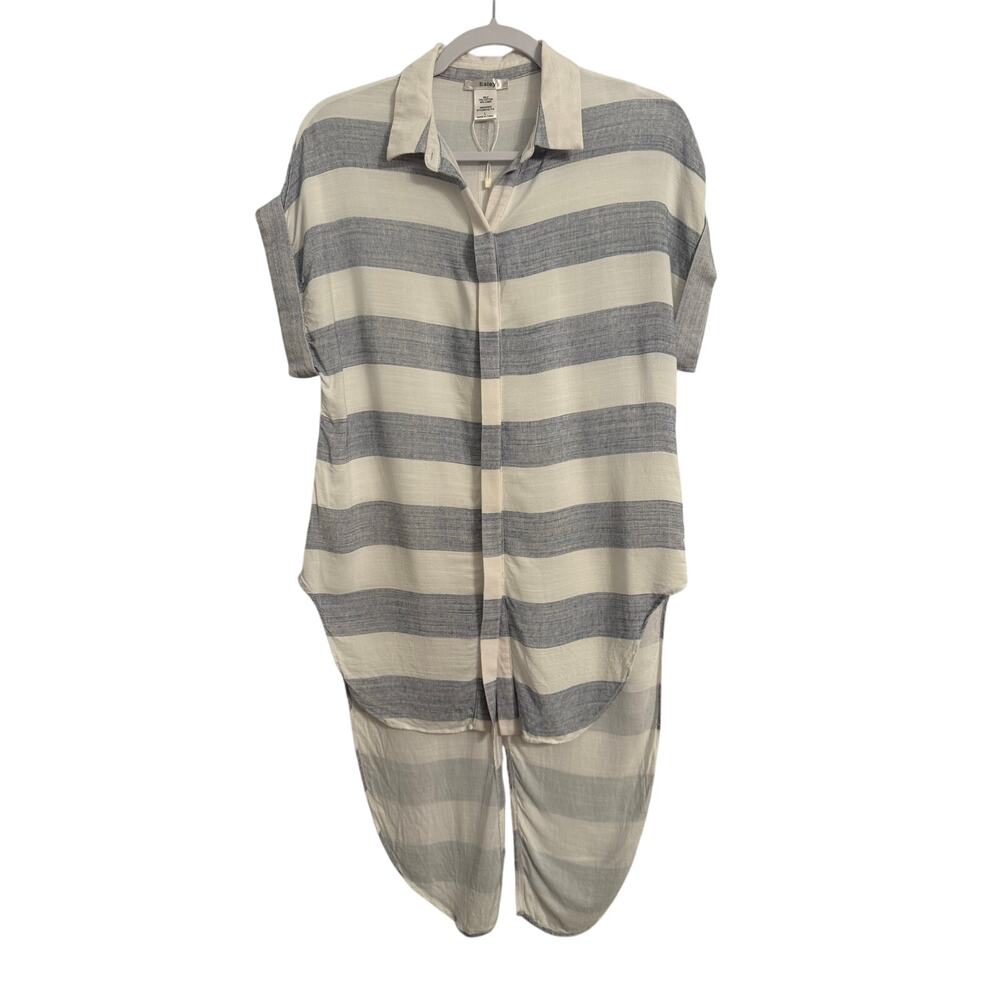 Esley Women's L Linen Blend Button Front Split Tail Striped Tunic Lagenlook Boho